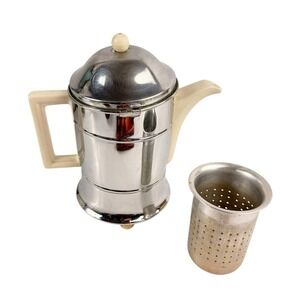Vintage Ever-Hot Teapot Set Insulated Chrome Cozy Ceramic Pitcher Infuser Retro